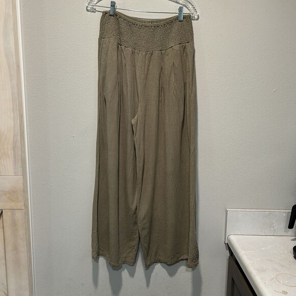 Womens Pants Large Pockets Stretch Boho Wide Leg Linen Blend Lagenlook Neutral - Picture 1 of 12